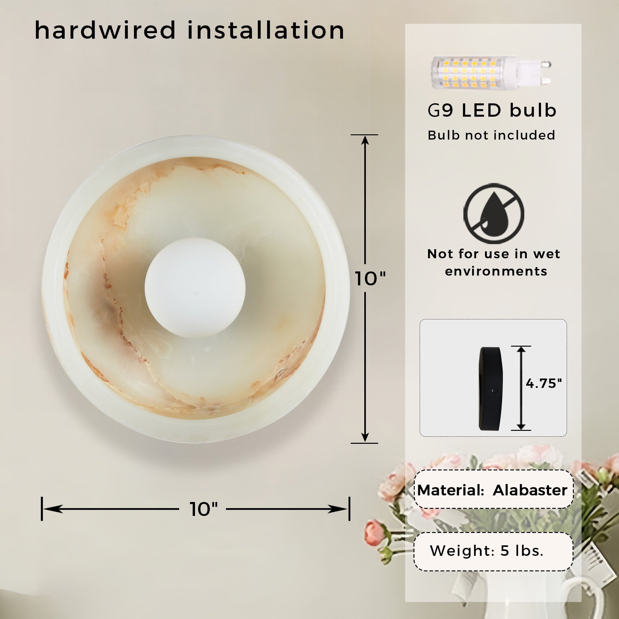 Alabaster Wall Sconces, Nordic Style Natural Stone Wall Lamp Bowl Marble Sconces Wall Lighting with Globe Glass Shade, Hardwired Indoor Wall Lights for Living Room Bedroom Hallway Stairs