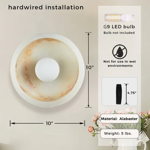 Alabaster Wall Sconces, Nordic Style Natural Stone Wall Lamp Bowl Marble Sconces Wall Lighting with Globe Glass Shade, Hardwired Indoor Wall Lights for Living Room Bedroom Hallway Stairs