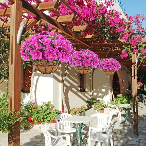 Artificial Hanging Flowers with Basket, Silk Azalea Flowers in Coconut Lining Hanging Baskets, Fake Hanging Plants for Outdoors Indoors yard Garden Patio Home Room Porch Decorations (Fuchsia)