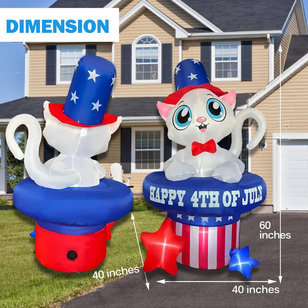 5 FT Patriotic Inflatable Cat 4th of July Inflatables Outdoor Decorations Build-in LED Lights Memorial Day Inflatables Fourth of July Decor for Party Garden Yard Lawn