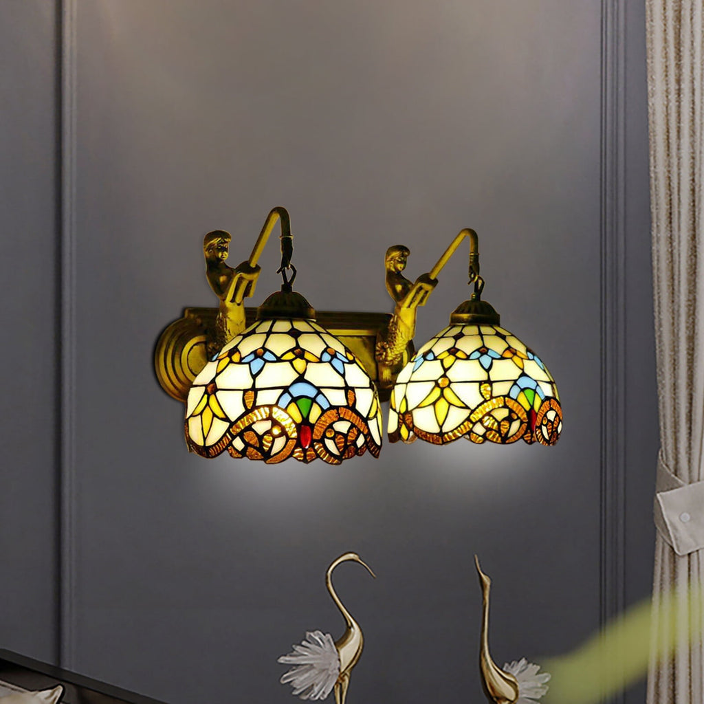 Retro Gold Stained Glass Wall Sconce 2 Lights Tiffany Mermaid Vanity Fixture Wall Light for Front Doors