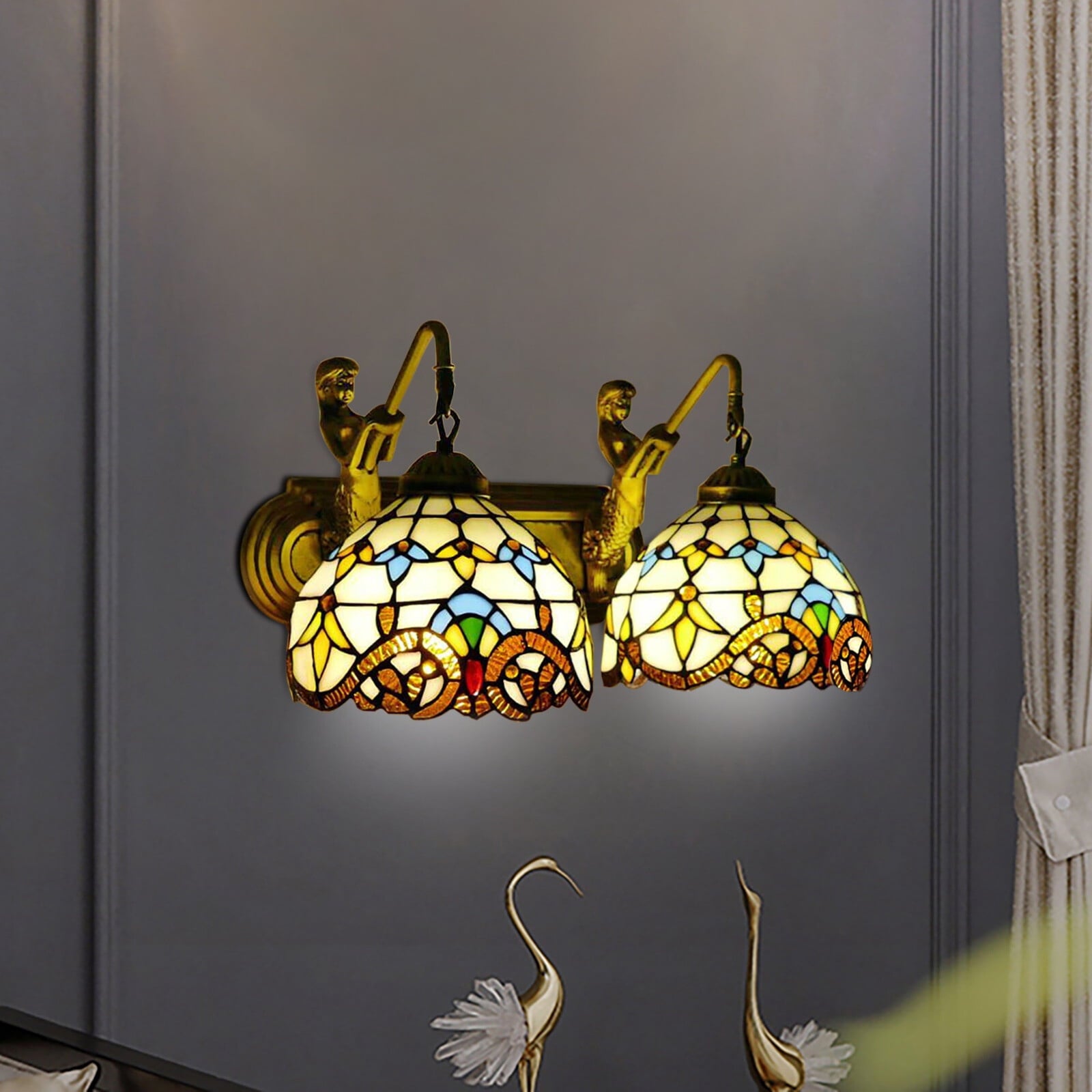 Retro Gold Stained Glass Wall Sconce 2 Lights Tiffany Mermaid Vanity Fixture Wall Light for Front Doors