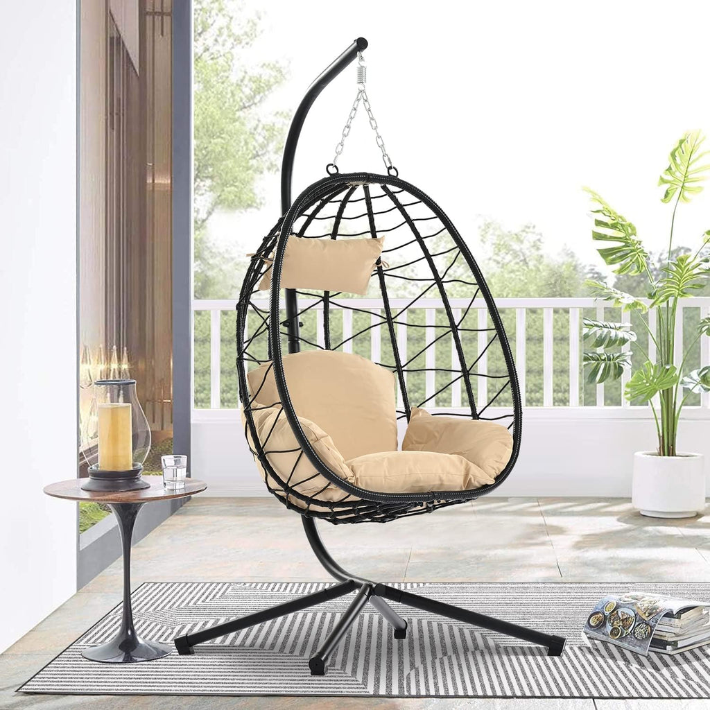 Hanging Egg Chair with Stand and Cushion, Indoor Outdoor Patio Wicker Hanging Swing Hammock Egg Chair, 350 Lbs Capacity