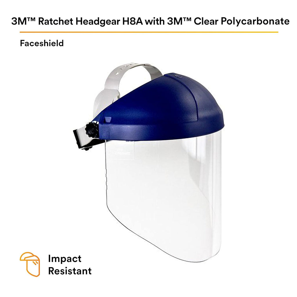 3M H8A Ratchet Headgear and Visor Combination with 3M WP96 Clear Polycarbonate Faceshield, Complete Headgear and Face Shield Safety System, ANSI Z87, Adjustable, Thermoplastic