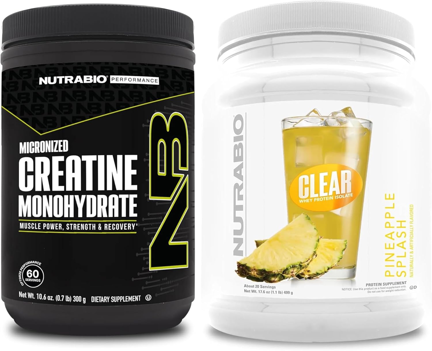 NutraBio Creatine Monohydrate, Unflavored, (300 g) and Clear Whey Protein Isolate, (Pineapple Splash) Supplement Bundle – Muscle Energy, Maximum Growth, Recovery, and Strength