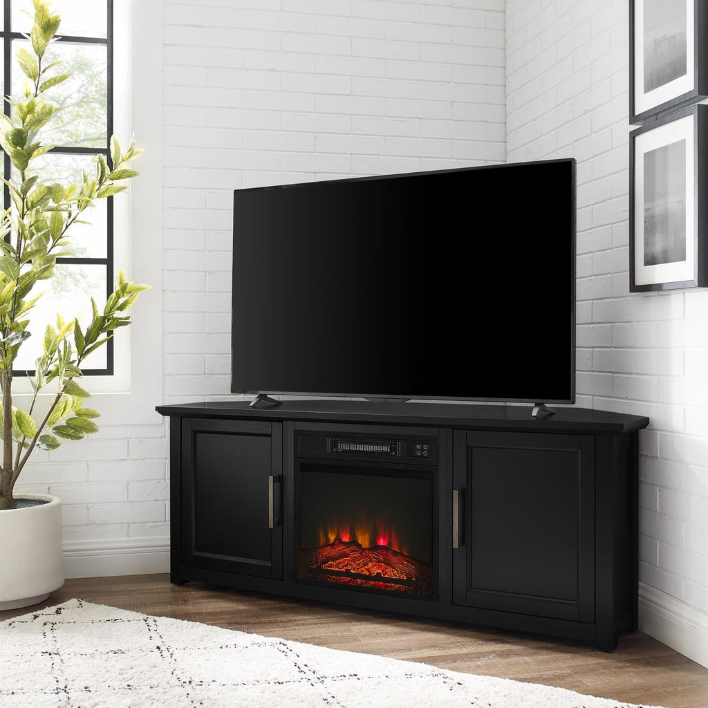 Art Deco Dreams 58-inch Corner TV Stand with Electric Fireplace, Black - 20" D x 58" W x 22" H, Freestanding, Brass Effect Finish
