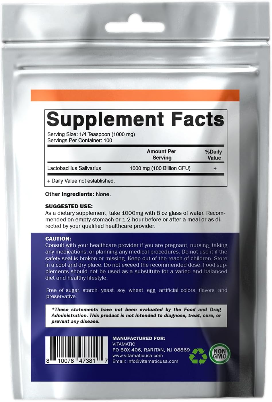 Vitamatic Lactobacillus Salivarius Probiotic Powder - Digestive Support - 100 Gram (3.5 OZ) - 100 Servings