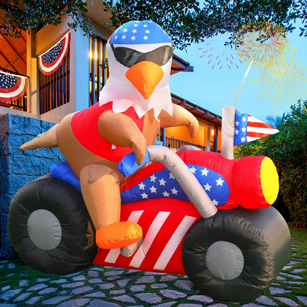DomKom 6 FT Patriotic Independence Day 4th of July Inflatable Outdoor Decoration, Bald Eagle Sitting on Motorcycle, LED Lights Holiday Blow Up for Fourth of July Party Garden Yard Lawn Decor
