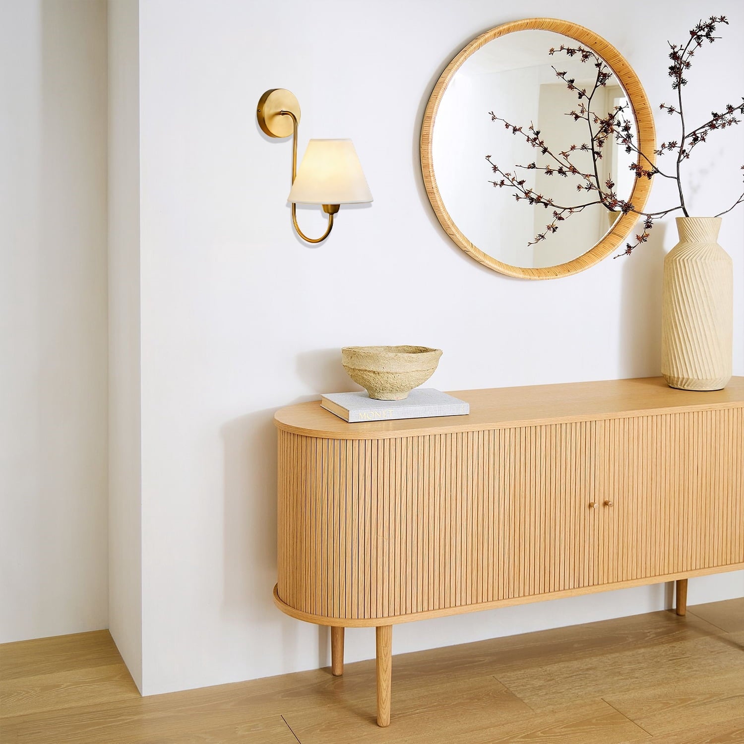 Gleaming Elegance Wall Sconce with Antique Brass&White Linen Shade,Indoor Sconce for Living&Bedroom