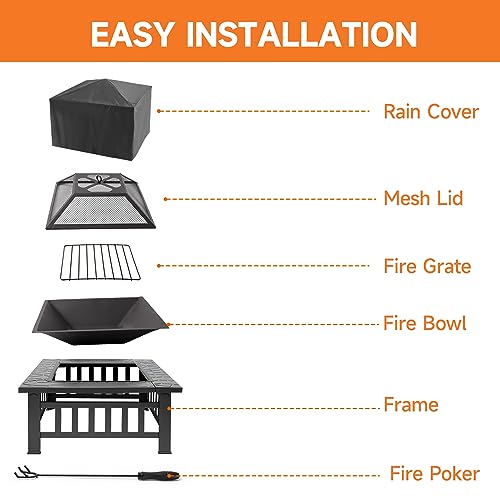 30" Fire Pit Table with Marble Tile Top, Fire Pit with Spark Screen Lid, Fire Grate, Waterproof Cover, and Fire Poker for Outside Patio, Yard Party, Garden