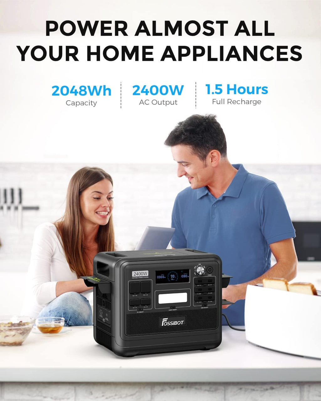 FOSSiBOT F2400 Portable Power Station, 2048Wh LiFePO4 Battery Backup/100-110V AC 2400W Outlets (4800W Peak)/ 1.5H Fast Charging/12V DC/18W USB-A/20W/100W USB-C/LED for Home Use Camping RV Emergency 1