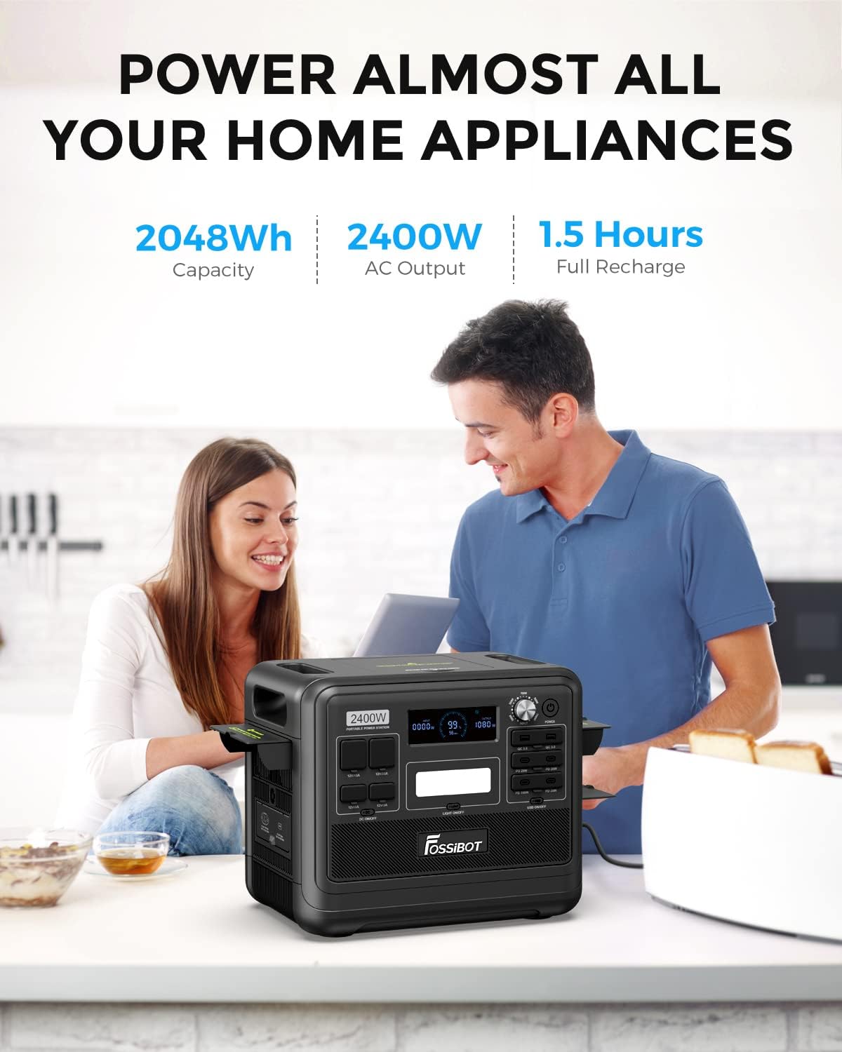 FOSSiBOT F2400 Portable Power Station, 2048Wh LiFePO4 Battery Backup/100-110V AC 2400W Outlets (4800W Peak)/ 1.5H Fast Charging/12V DC/18W USB-A/20W/100W USB-C/LED for Home Use Camping RV Emergency 1