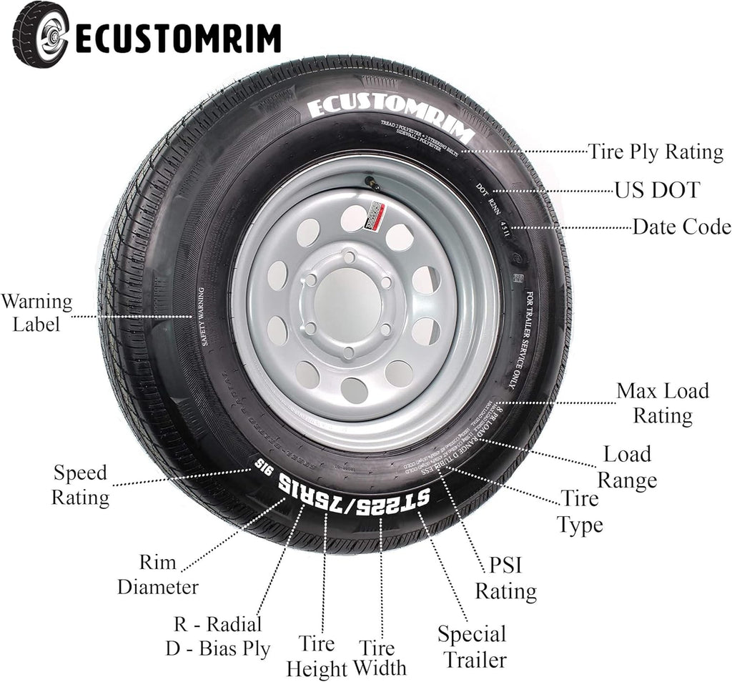 205/75D15 LRC 6 PR Bias Trailer Tire on 15" 5 Lug White Spoke Steel Trailer Wheel