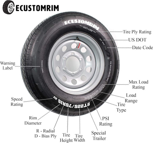 205/75D15 LRC 6 PR Bias Trailer Tire on 15" 5 Lug White Spoke Steel Trailer Wheel