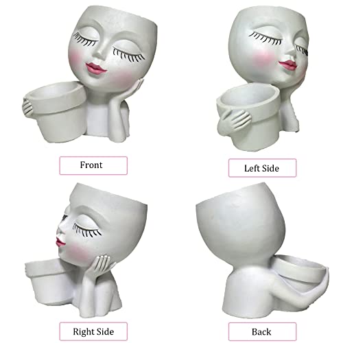Head Planter Face Flower Pot, Dolkgy Woman Face Planter Unique White Head Planters for Indoor Outdoor Plants, Novelty Plant Pot Cute Lady Head Vase with Drainage Hole for Home Garden Succulents Cactus