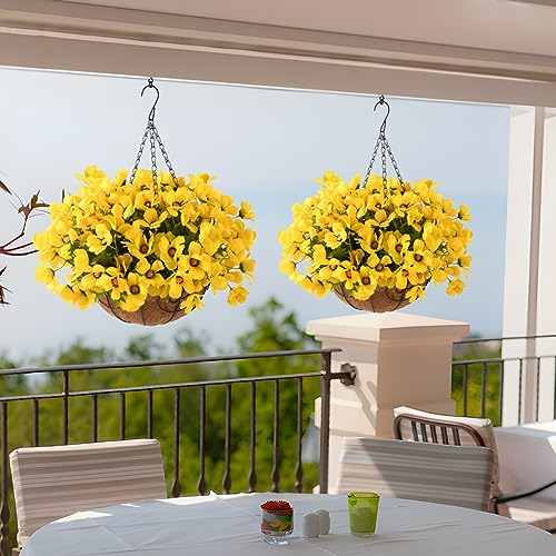 INQCMY Artificial Hanging Flowers in Basket for Patio Lawn Garden Decor,12 inch Coconut Lining Hanging Baskets with Artificial Flowers for Home Porch Outdoors Summer Decoration(Purple)