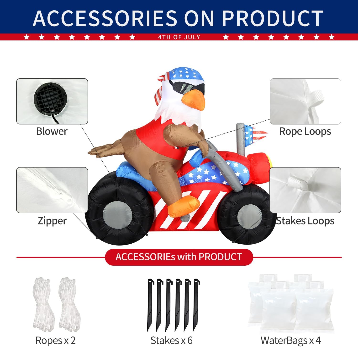 DomKom 6 FT Patriotic Independence Day 4th of July Inflatable Outdoor Decoration, Bald Eagle Sitting on Motorcycle, LED Lights Holiday Blow Up for Fourth of July Party Garden Yard Lawn Decor