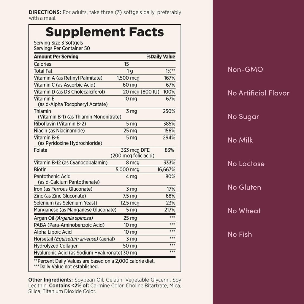 Nature's Bounty Advanced Hair, Skin & Nails, Argan-Infused Vitamin Supplement with Biotin and Hyaluronic Acid, 150 Rapid Release Softgels