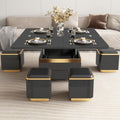 3-in-1 Multi-Functional Coffee Table with Glass Tabletop, Lift Top Center Table with 4 Storage Stools, Expandable Dining Table for Living Room, Office Table with Hidden Storage Compartment