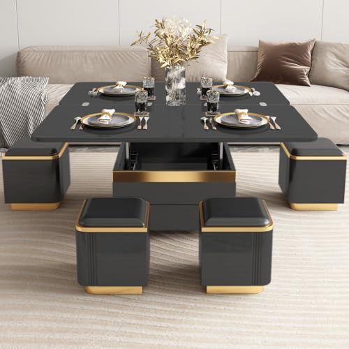 3-in-1 Multi-Functional Coffee Table with Glass Tabletop, Lift Top Center Table with 4 Storage Stools, Expandable Dining Table for Living Room, Office Table with Hidden Storage Compartment