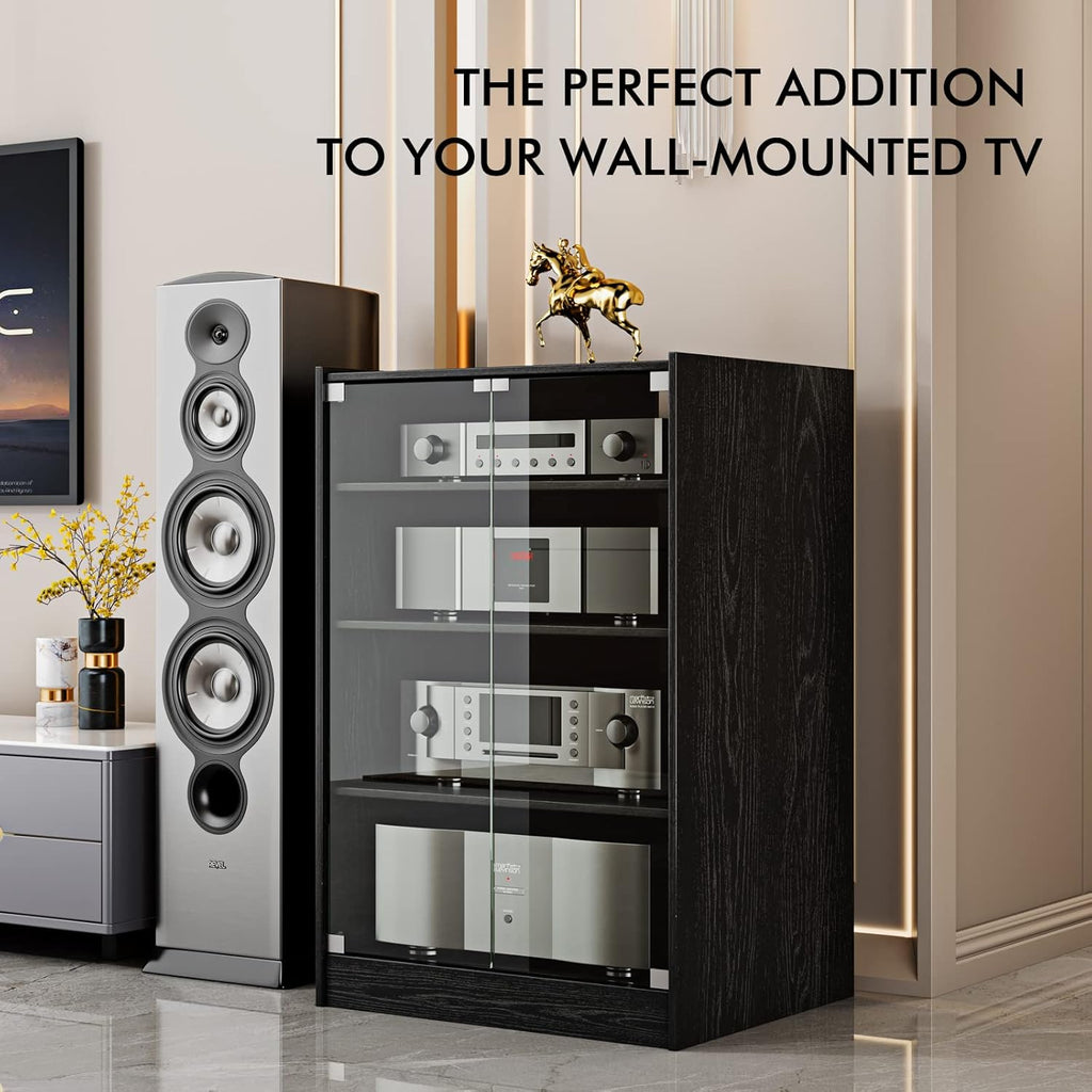 Media Storage Cabinet with Height Adjustable, 4-Tier Shelves Audio Video Media Stand Cabinet, Modern AV Cabinet with Glass Doors, Storage for Entertainment Stereo Component