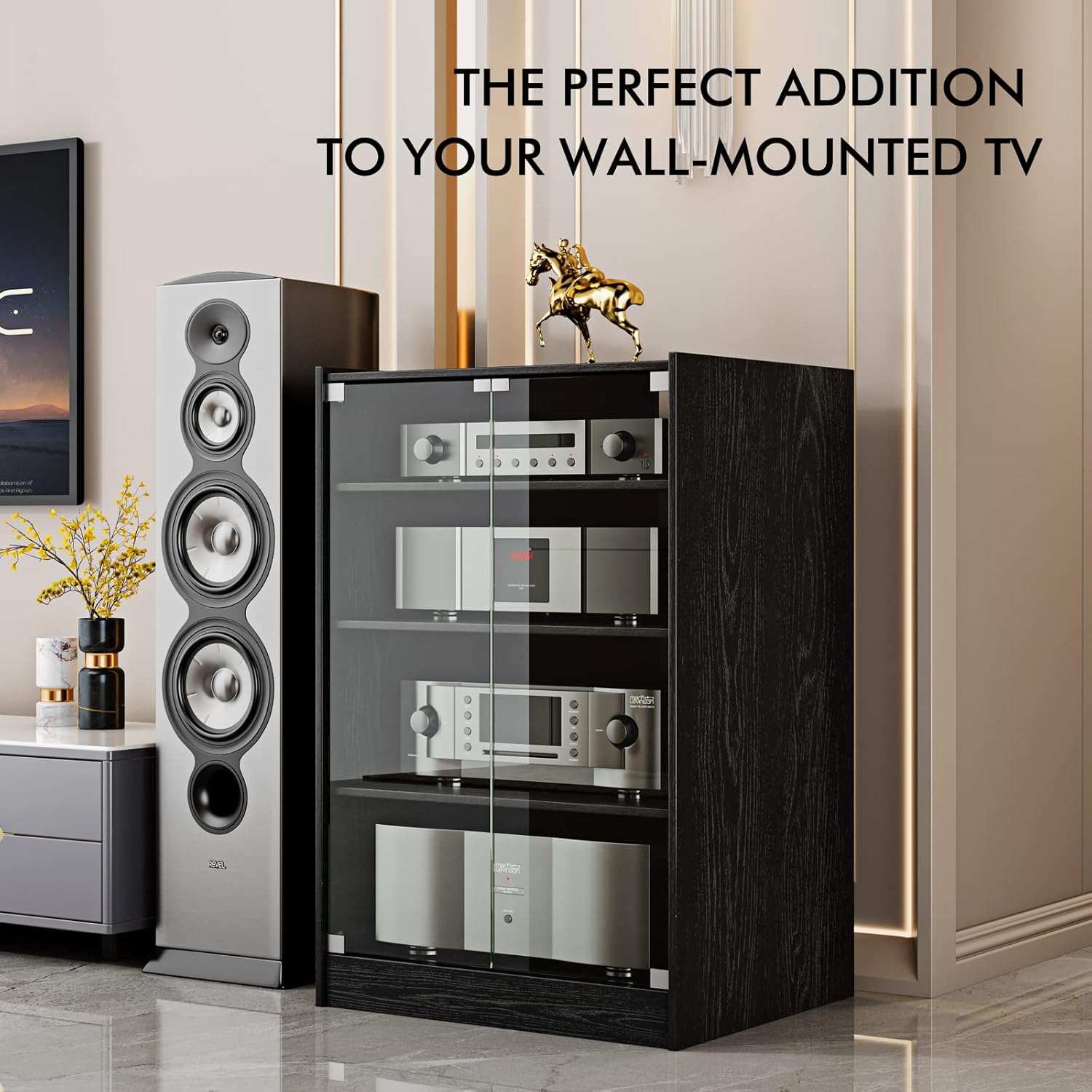 Media Storage Cabinet with Height Adjustable, 4-Tier Shelves Audio Video Media Stand Cabinet, Modern AV Cabinet with Glass Doors, Storage for Entertainment Stereo Component