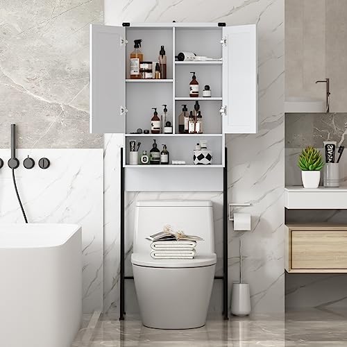 Over The Toilet Storage Cabinet/ Organizer with 2-Door Blinds Design, Freestanding Space Saver Bathroom Toilet Rack/ Stands