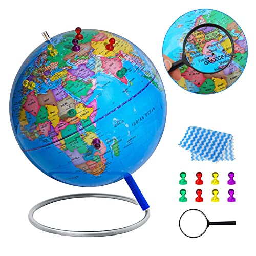 13" World Globe with Stand, 720° Swivels in All Directions, Stainless Steel Stand, Geographic/Decorative Desktop Decoration World Globe Map with Clear Text for Home, School, Office,Blue