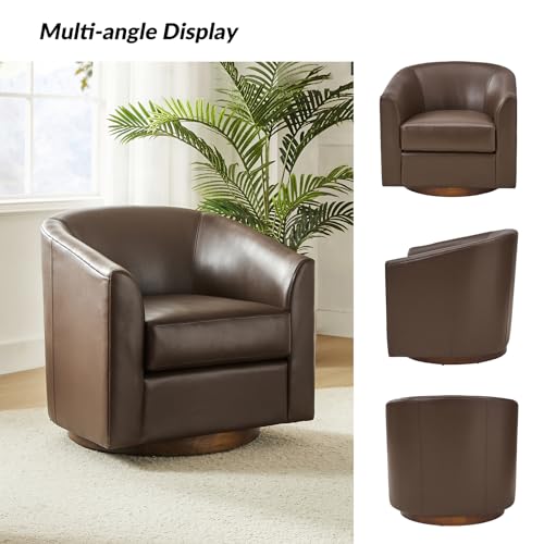 HULALA HOME Swivel Barrel Chair Set of 2, Genuine Leather Swivel Accent Chair with Solid Wood Base, Round Barrel Chair for Living Room & Bedroom, Brown