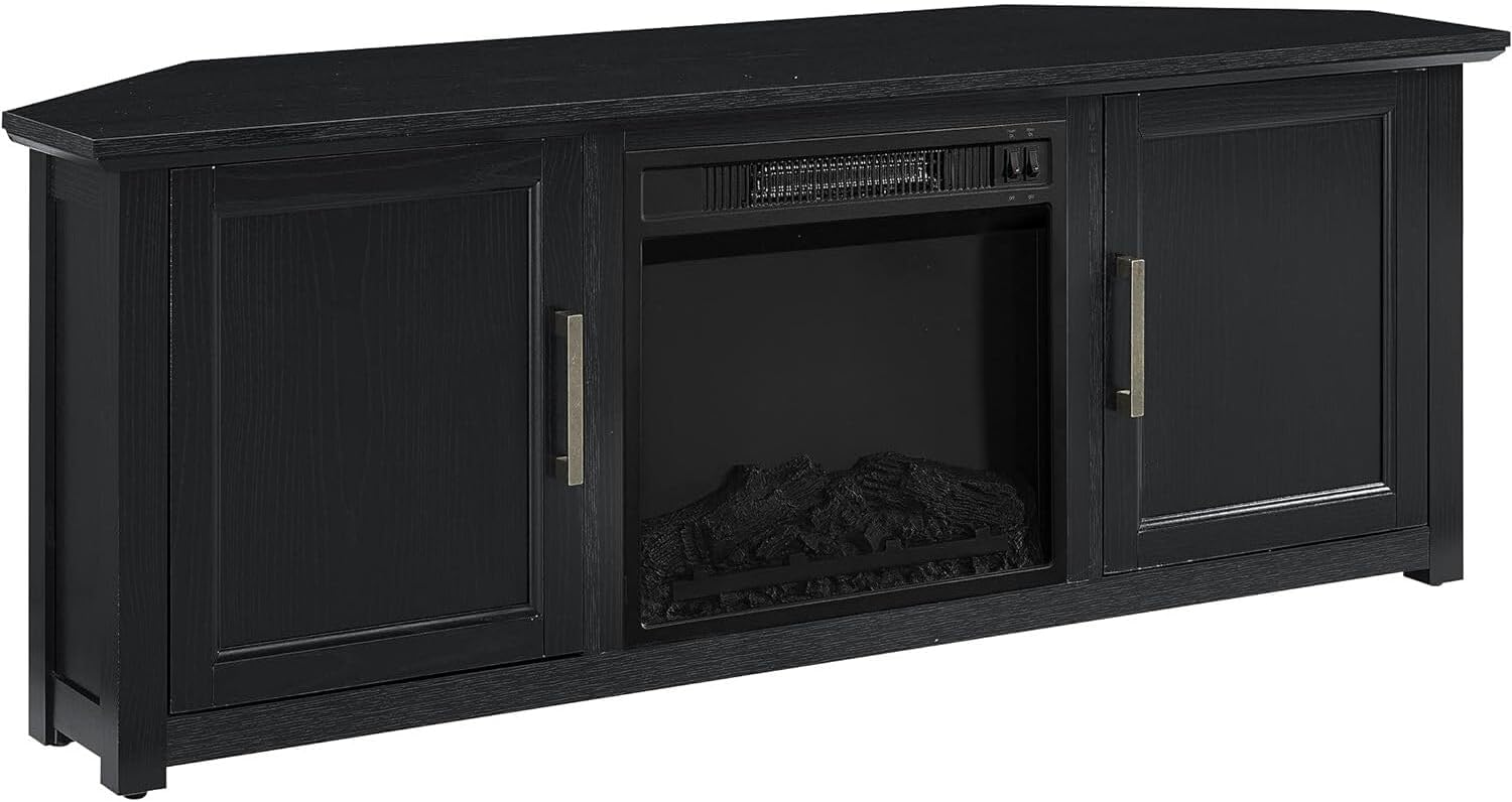 Art Deco Dreams 58-inch Corner TV Stand with Electric Fireplace, Black - 20" D x 58" W x 22" H, Freestanding, Brass Effect Finish