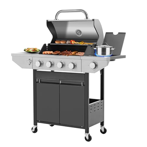 Large Propane Gas Grill with 4-Burners and Side Burner,Outdoor BBQ Grill Griddle with Porcelain-Enameled Cast Iron Grates, Stainless Steel Camping Barbecue Griddle for Patio,Garden,47000 BTU