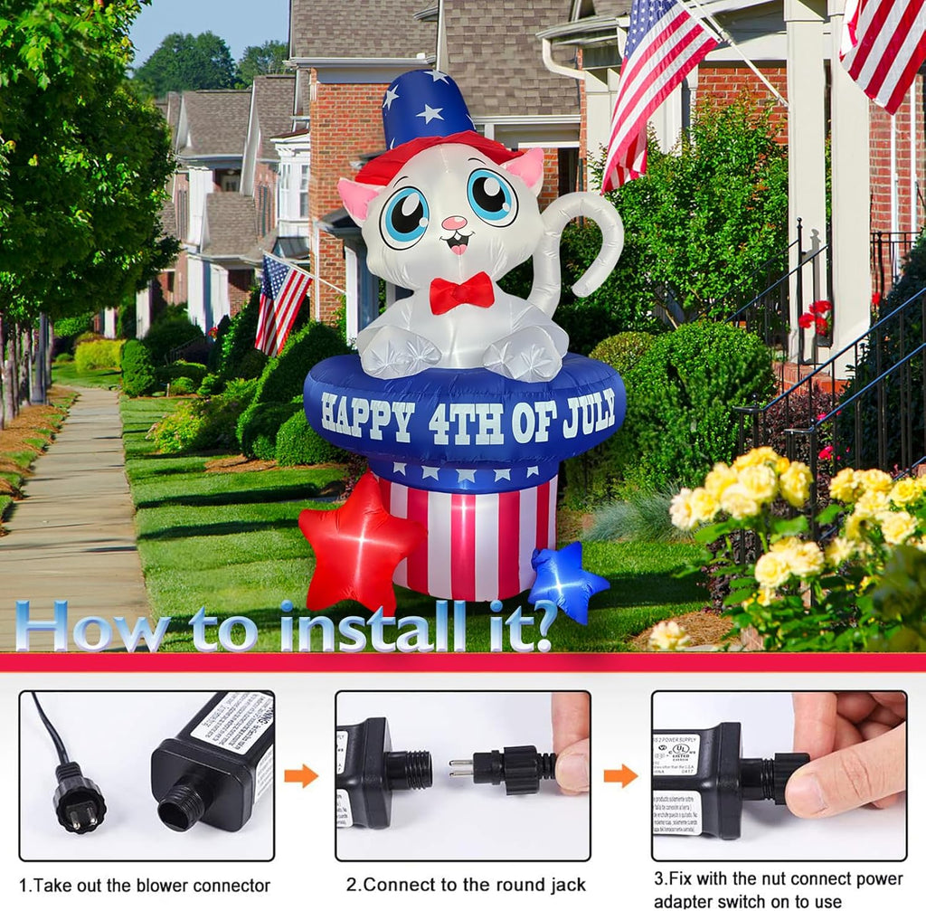 5 FT Patriotic Inflatable Cat 4th of July Inflatables Outdoor Decorations Build-in LED Lights Memorial Day Inflatables Fourth of July Decor for Party Garden Yard Lawn