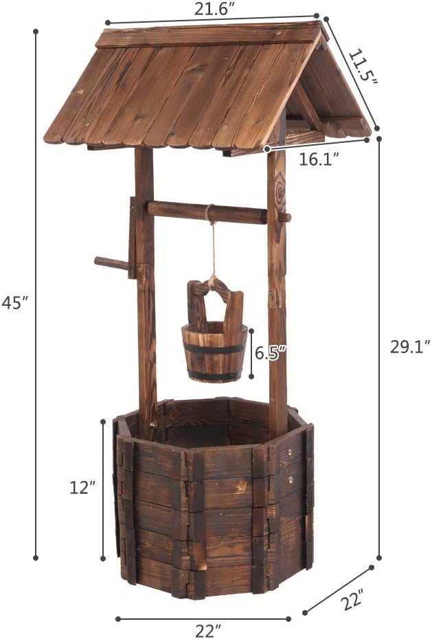 Wooden Wishing Well Planter, Outdoor Reinforced and Anticorrosive Wooden Wishing Well Flowerpot with Hanging Bucket