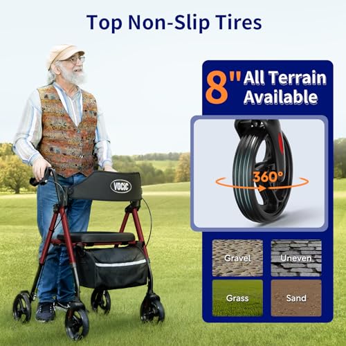 Walkers for Seniors,Foldable Walker with Seat,Rollator Walker with Durable Aluminum,8" Big Wheels for All Terrain, Ergonomic Seat and Backrest,Dual Adjustable Height Rolling Walker| Inky Black