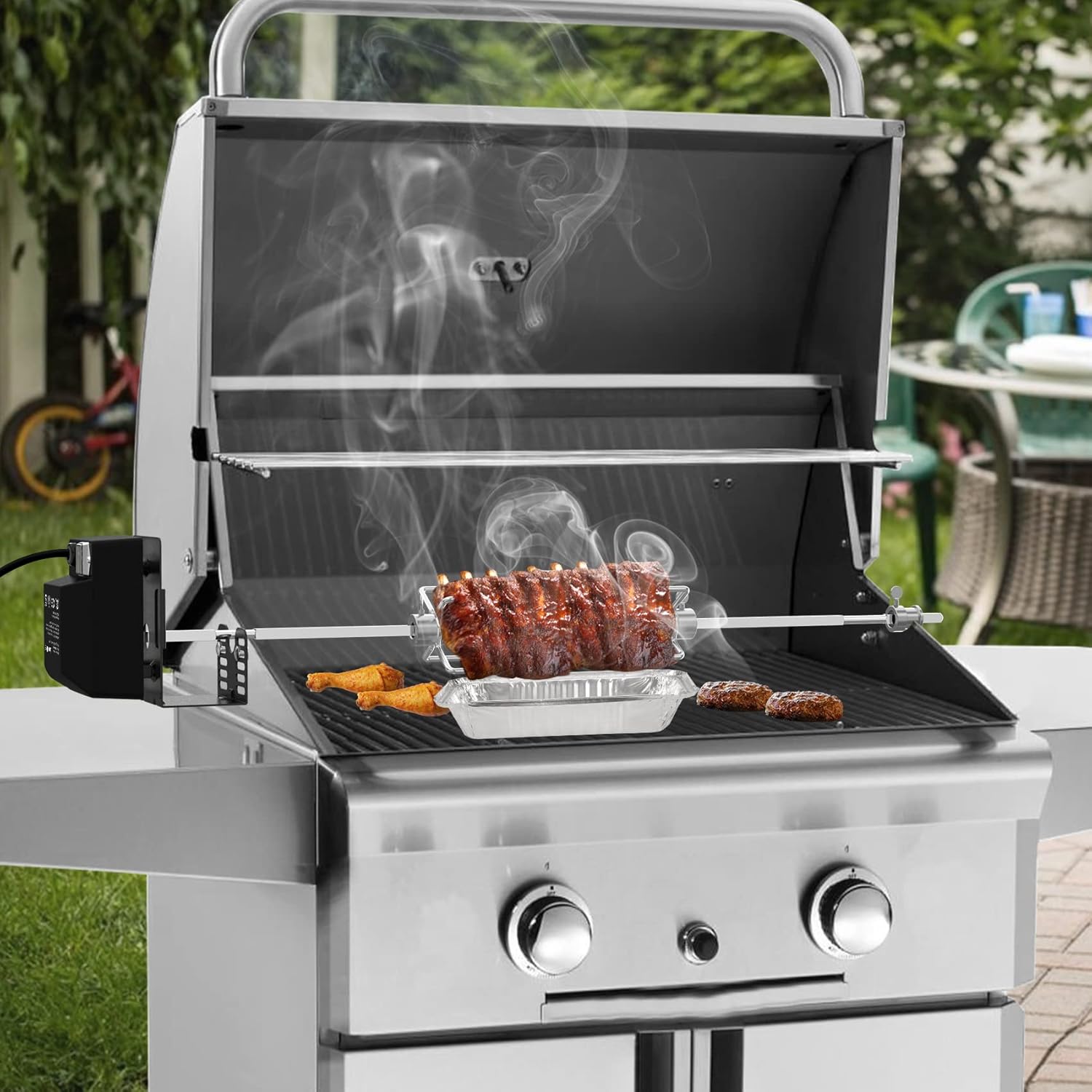 only fire Universal BBQ Grill Rotisserie Kit for Most Gas Grills, Include 110V 4W Electric Motor, 4-Prong Meat Forks and 28" Square Spit Rod