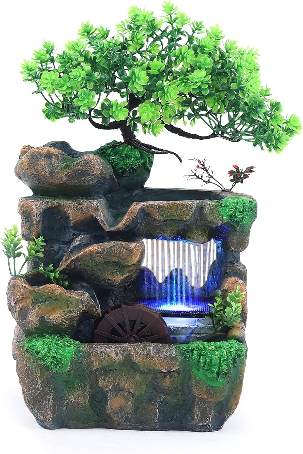 Water Fountain Rockery Ornaments with Waterfall & LED Colorful Lights Mini Desktop Waterfall Small Rockery for Office, Home, Bedroom Desk Decoration