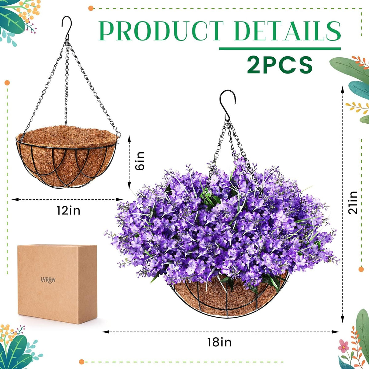 2 Pack Artificial Hanging Flowers in Basket for Spring Summer Porch Home Garden Yard Decoration Faux Hyacinth Arrangement Fake Plants in 12 Inch Coconut Lining Basket for Outdoors Indoors Decor