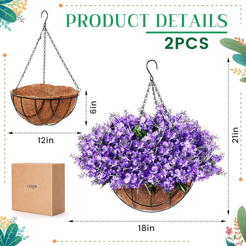2 Pack Artificial Hanging Flowers in Basket for Spring Summer Porch Home Garden Yard Decoration Faux Hyacinth Arrangement Fake Plants in 12 Inch Coconut Lining Basket for Outdoors Indoors Decor