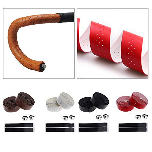 Bicycle Bike Handlebar Tape Luxury PU Leather Bar Tape Fixed Gear/Road Bike Bar Wrap with 2 Reflective Plug (Red)