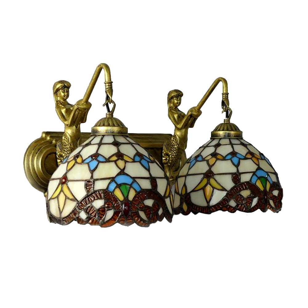 Retro Gold Stained Glass Wall Sconce 2 Lights Tiffany Mermaid Vanity Fixture Wall Light for Front Doors