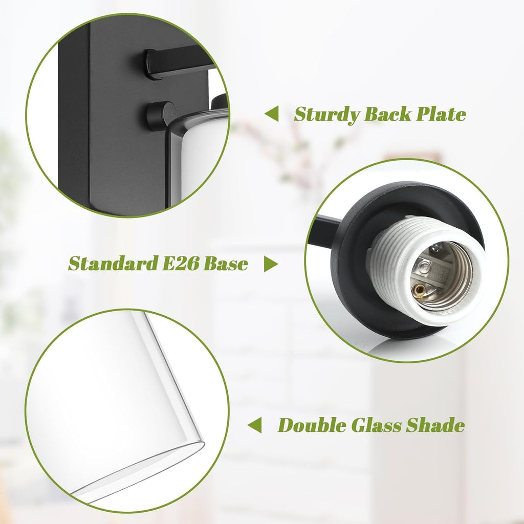 Set of 2 Wall Sconces for Bathroom, Modern Vanity Light Fixtures, Matte Black Wall Mount Lighting Lanterns, Farmhouse Wall Lights with Double Clear Glass Shade for Bedroom Living Room Mirror Hallway
