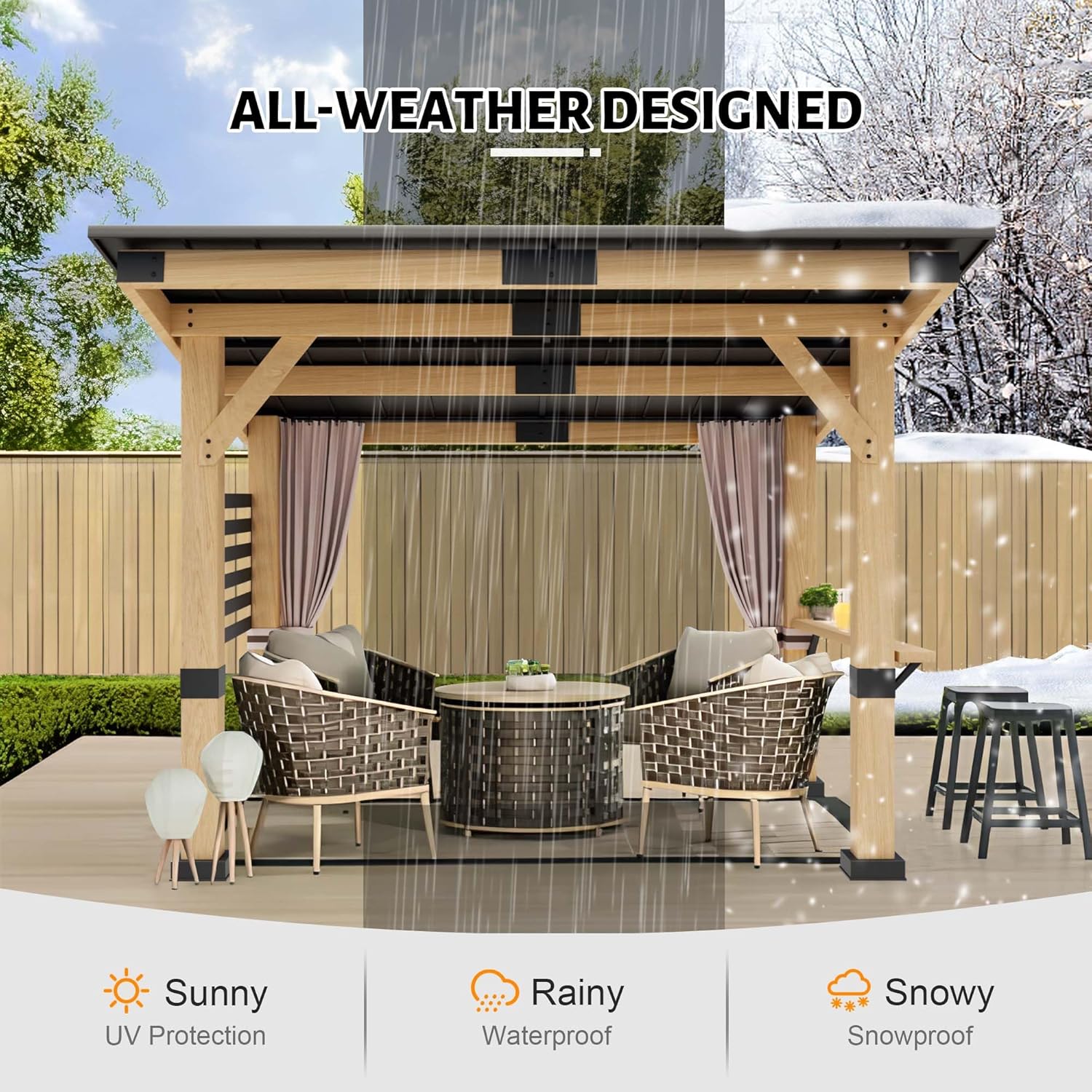 Wood Gazebo 10' x 12', Hardtop Cedar Gazebo with Metal Roof, Outdoor Wooden Gazebo with Curtains, Permanent Pavilion Grill Gazebo for Backyard, Deck, Patio, Garden, Parties