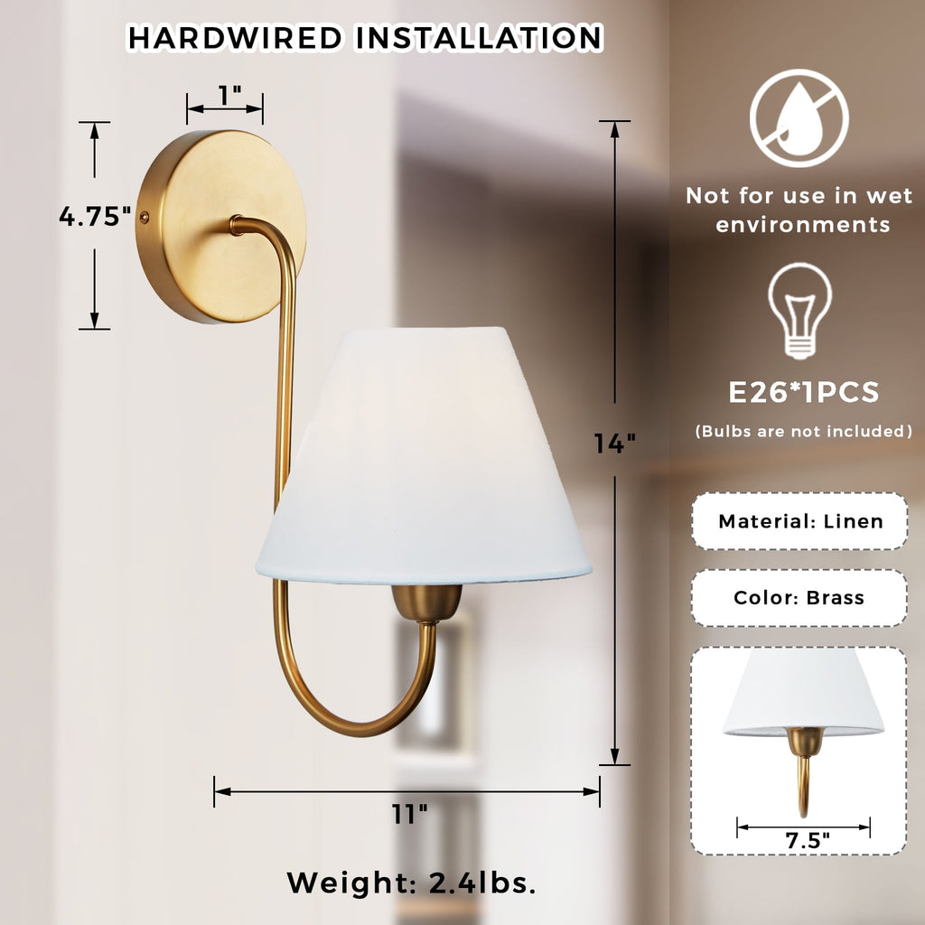Gleaming Elegance Wall Sconce with Antique Brass&White Linen Shade,Indoor Sconce for Living&Bedroom