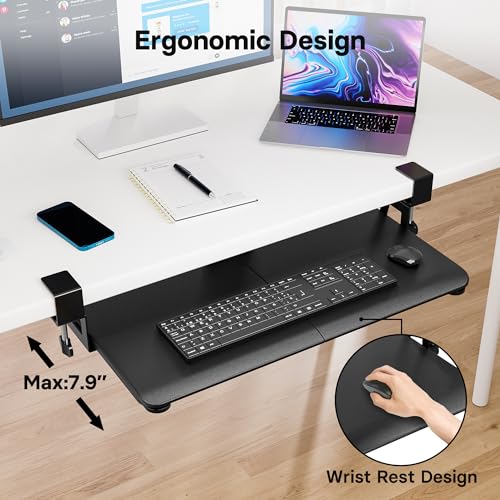 BONTEC Keyboard Tray Under Desk, Pull Out Keyboard & Mouse Tray with C-clamp, 25.6 Excluding Clamps (30 Including Clamps) x 11.8 Inch Steady Slide-Out Computer Drawer for Typing, Dark Black
