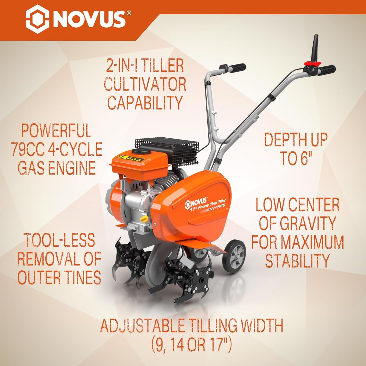 NOVUS 17-Inch Gas Tiller for Gardening, 2-in-1 Gas Powerd Front Tine Tiller Cultivator, 79 cc 4-Cycle Gas Engine, Toolless Tilling Width Adjustment, Forged Steel Tines, Integrated Transport Wheels