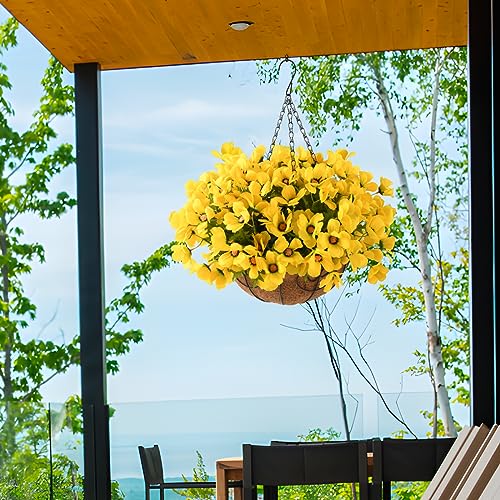 INQCMY Artificial Hanging Flowers in Basket for Patio Lawn Garden Decor,12 inch Coconut Lining Hanging Baskets with Artificial Flowers for Home Porch Outdoors Summer Decoration(Purple)