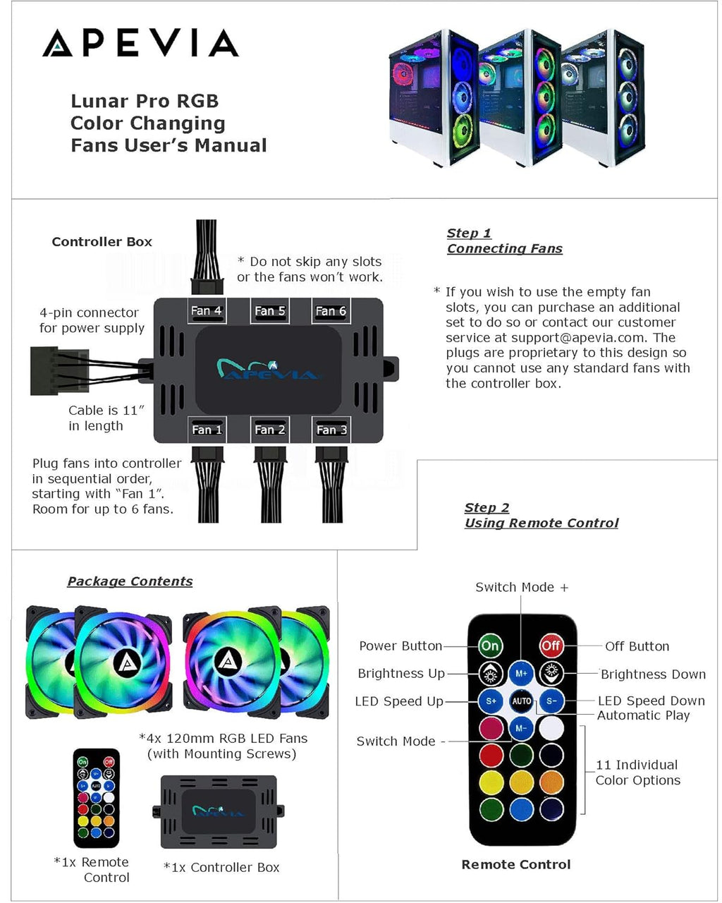 Apevia LP412L-RGB Lunar Pro 120mm Silent Dual-Ring RGB Color Changing LED Fan for Gaming with Remote Control, 28x LEDs & 8X Anti-Vibration Rubber Pads (4-pk)
