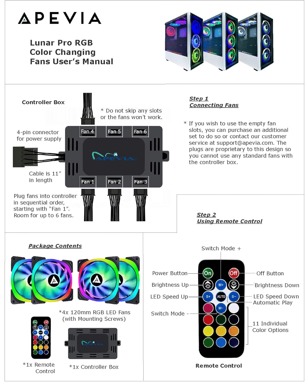 Apevia LP412L-RGB Lunar Pro 120mm Silent Dual-Ring RGB Color Changing LED Fan for Gaming with Remote Control, 28x LEDs & 8X Anti-Vibration Rubber Pads (4-pk)