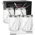 CHILLOUT LIFE Stainless Steel Wine Tumblers 4 Pack 12 oz - Double Wall Vacuum Insulated Wine Cups with Lids and Straws Set for Coffee, Wine, Cocktails - Carrara Marble