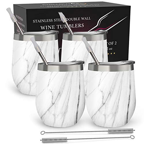 CHILLOUT LIFE Stainless Steel Wine Tumblers 4 Pack 12 oz - Double Wall Vacuum Insulated Wine Cups with Lids and Straws Set for Coffee, Wine, Cocktails - Carrara Marble